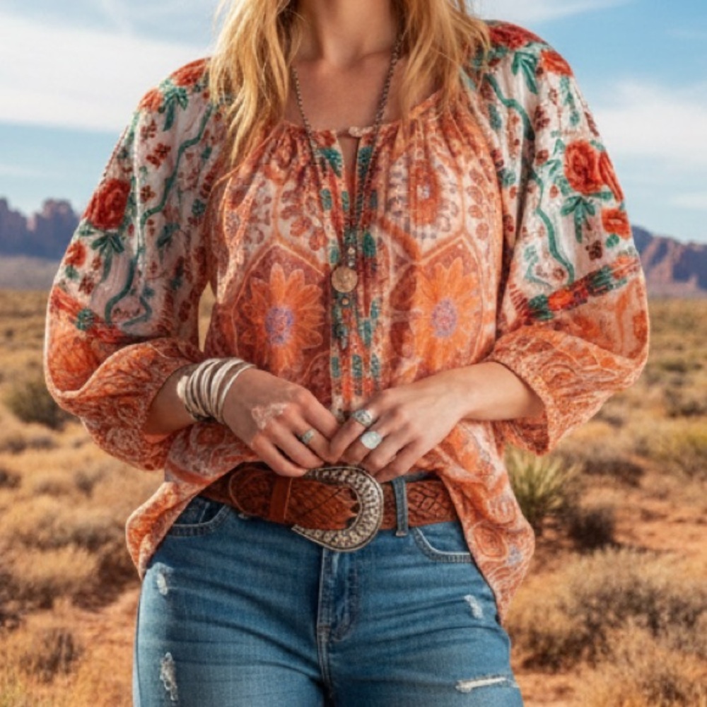 Sundance Tolani Marta Rose Folkloric Embroidered Puff Sleeve Blouse Top in XS